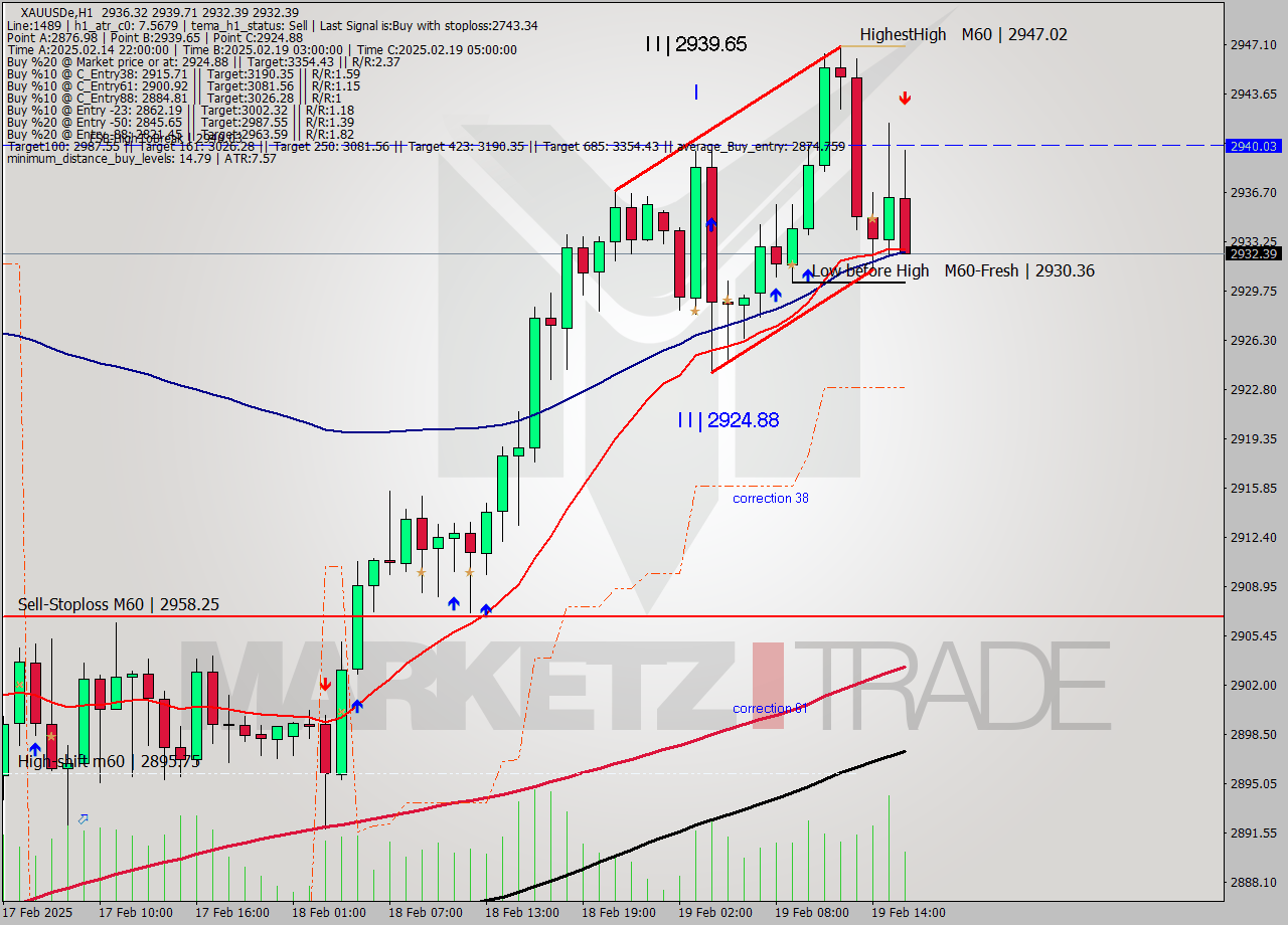 XAUUSDe MultiTimeframe analysis at date 2025.02.19 16:24
