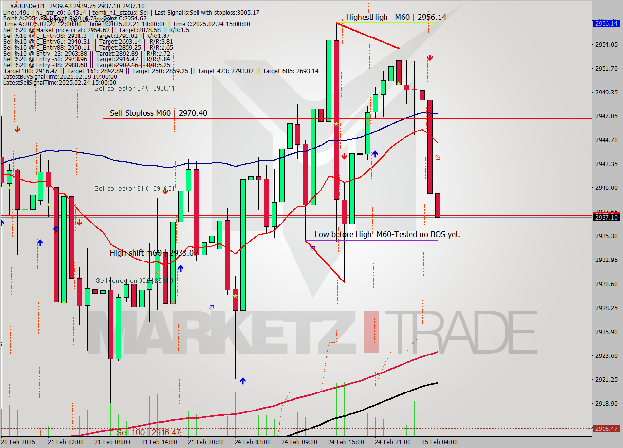 XAUUSDe MultiTimeframe analysis at date 2025.02.25 06:07