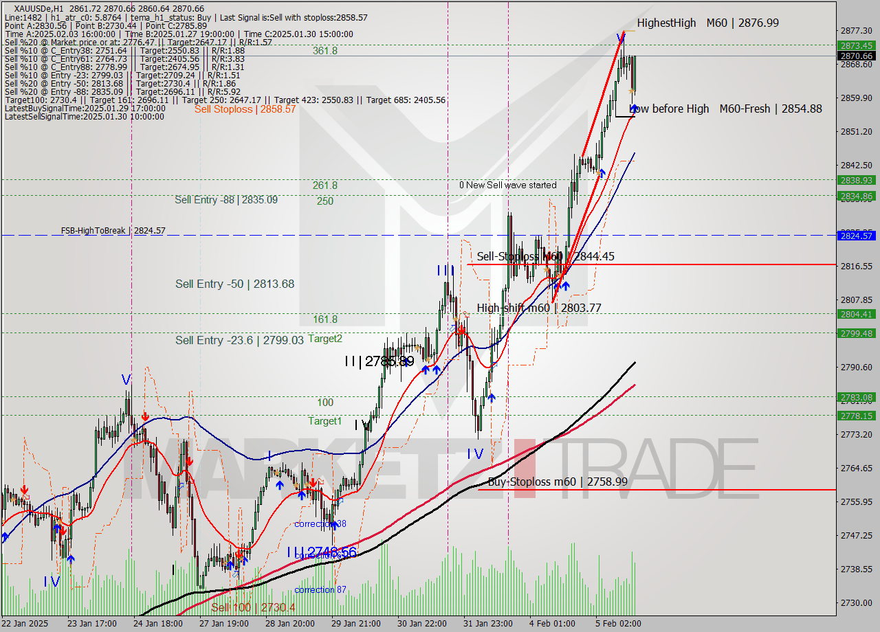 XAUUSDe MultiTimeframe analysis at date 2025.02.05 16:49